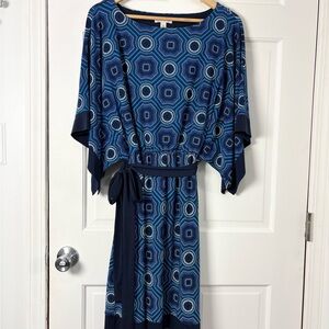 DB Polka‎ Dot Midi Dress Blue Wedding Guest Geometric Kimono Sleeve Office Retro